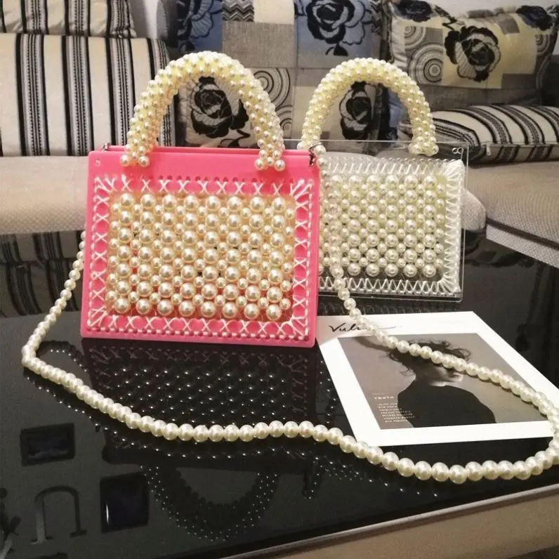 Fashion Beaded Box Pearl Weave Transparent Acrylic Ladies Daily Tote Bag Women Shoulder Bag Handbag For Wedding, White /pink 
Fashion Beaded Box Pearl Weave Transparent Acrylic Ladies Daily Tote Bag Women Shoulder Bag Handbag For Wedding, White /pink