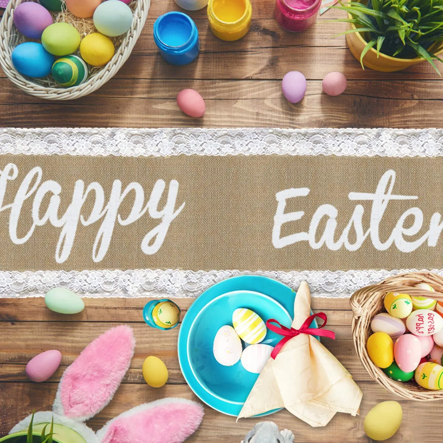 Easter Table Runner with 3D Bunny  Rustic Burlap Happy Easter and Lace Table Runner for Easter Table Decorations