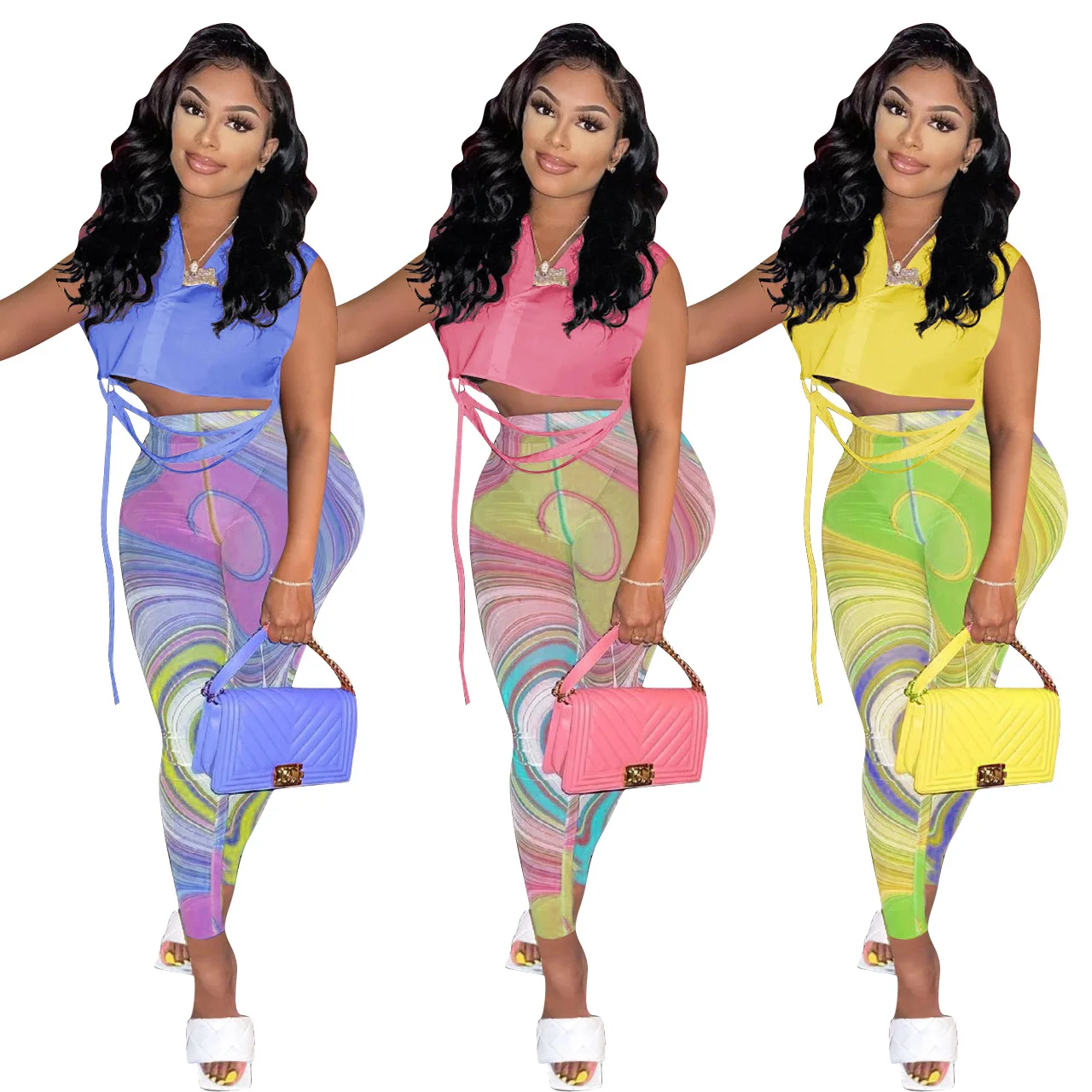 Amazon Summer Women's solid color sleeveless shirt mesh printed suit two piece pants set
Amazon Summer Women's solid color sleeveless shirt mesh printed suit two piece pants set