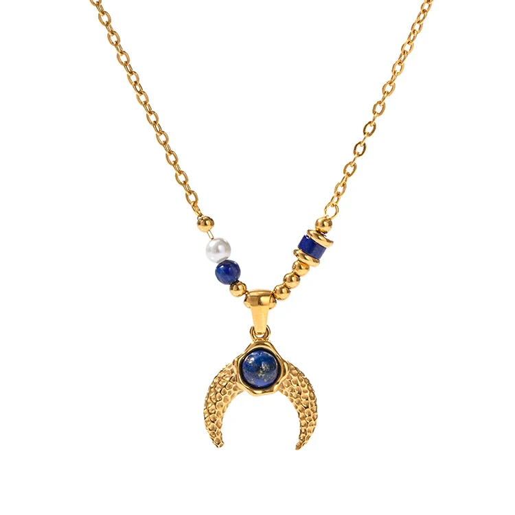 

Y068 INS Women Jewelry Lapis Lazuli Ox Horn Pendant Necklaces Freshwater Pearl PVD 18k Gold Plated Stainless Steel Necklace
