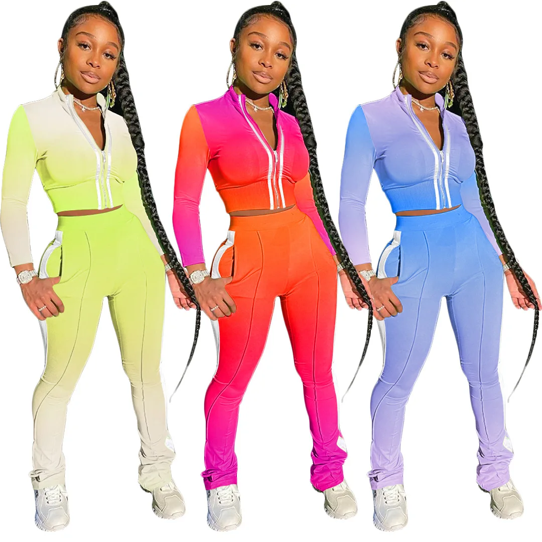 2021 New Arrivals Fashion Women Front Zipper Crop Jacket Flare Pants 2 Pieces Set Striped Patchwork Tie Dye Outfits Tracksuit, Picture show
2021 New Arrivals Fashion Women Front Zipper Crop Jacket Flare Pants 2 Pieces Set Striped Patchwork Tie Dye Outfits Tracksuit, Picture show