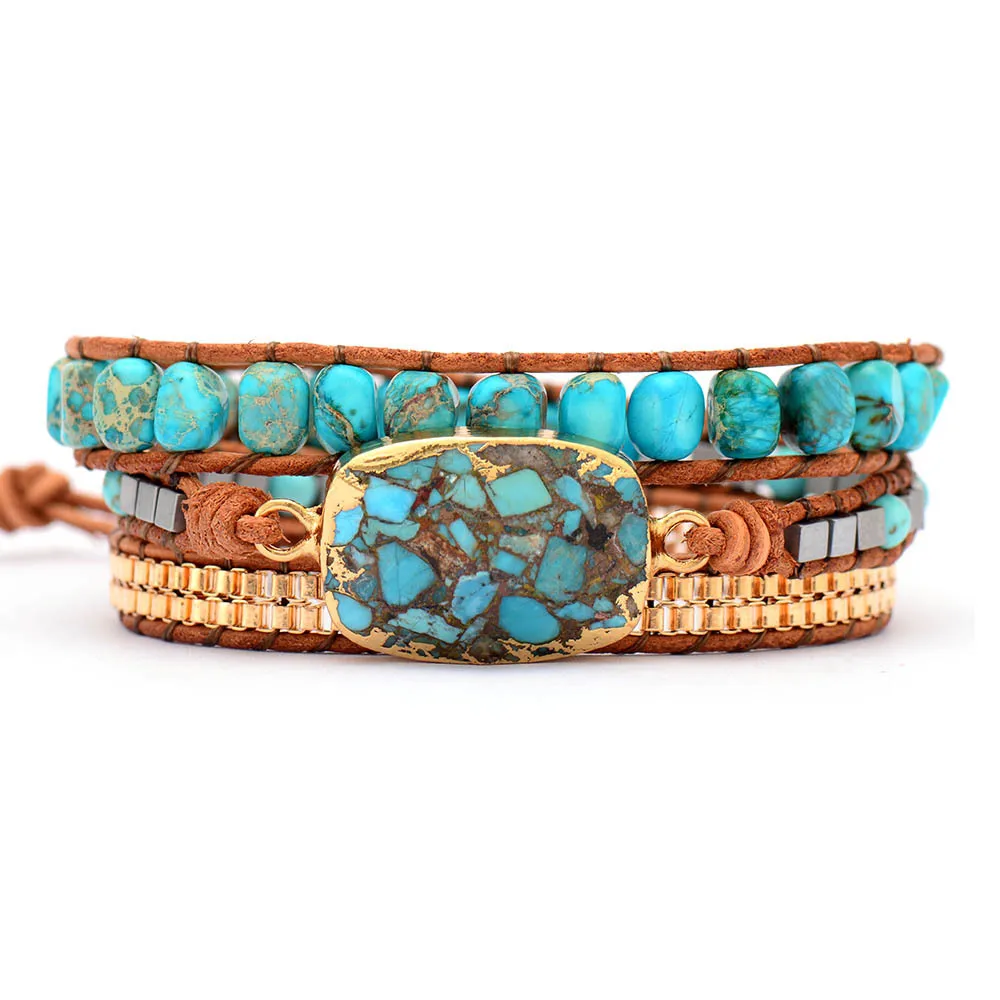 

Bohemian Natural Gemstone imperial Jasper Turquoise Stone Bracelet Handmade 3 Strands Leather Wrap Bracelet