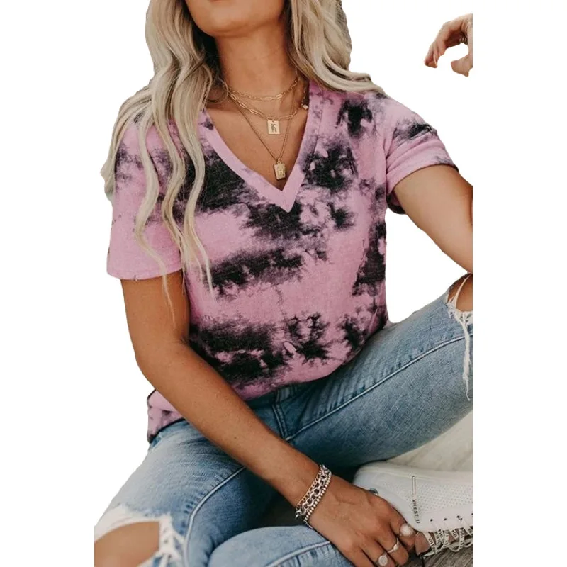 2021 women's new style European and American Amazon tie-dye printing V-neck short-sleeved top
2021 women's new style European and American Amazon tie-dye printing V-neck short-sleeved top
