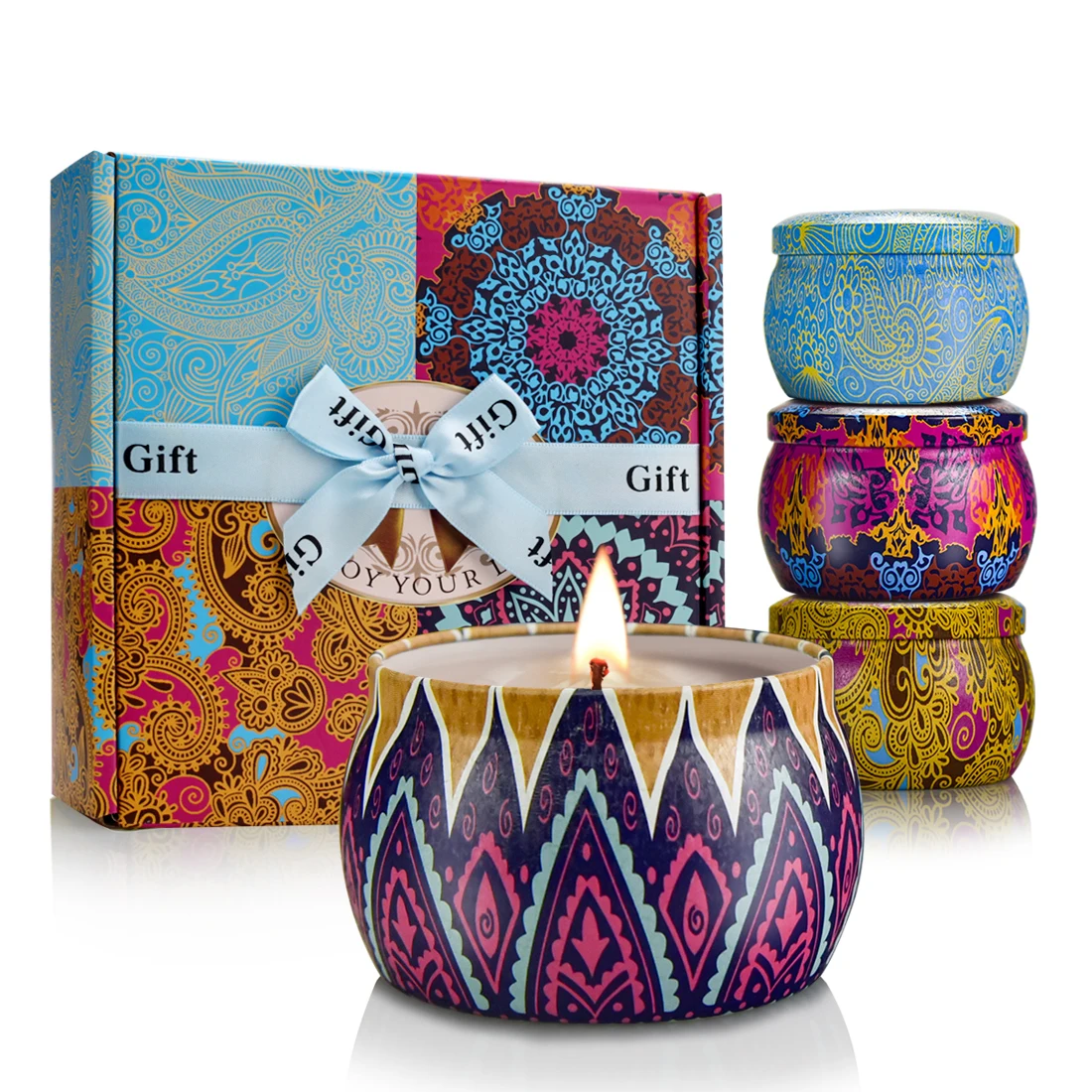 light scented candles gift set, 100% natural soy wax travel tin