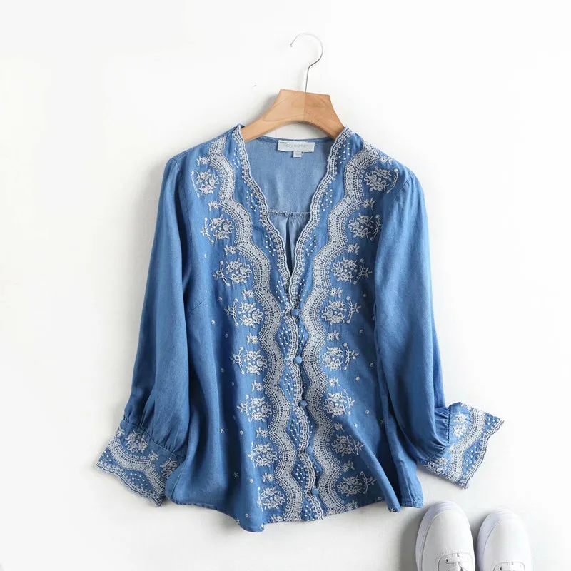 CS552 Fashion New Design Ethnic Weave V Neck Embroidery Long Sleeve Tencel Jeans Blouse Women Casual Shirts Rope De Mujer
CS552 Fashion New Design Ethnic Weave V Neck Embroidery Long Sleeve Tencel Jeans Blouse Women Casual Shirts Rope De Mujer