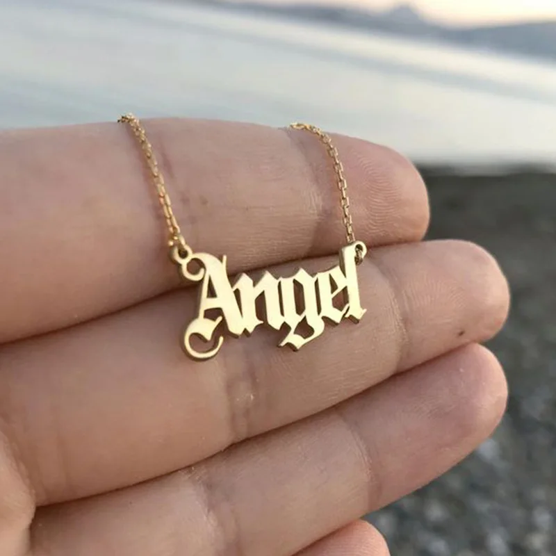 Custom Old English Letter Name Necklace Personalized Gold Plated Stainless Steel Jewelry Angle Necklace, Picture shows
Custom Old English Letter Name Necklace Personalized Gold Plated Stainless Steel Jewelry Angle Necklace, Picture shows