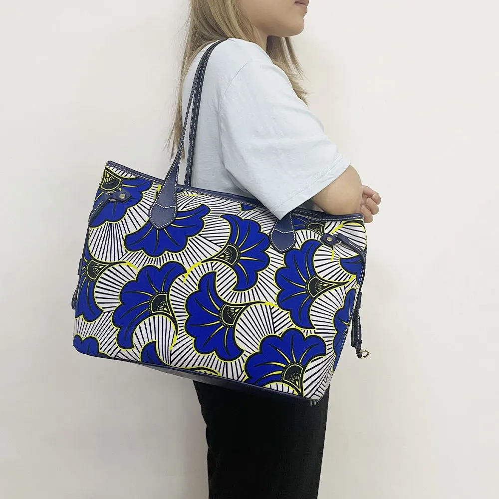 African Print Three Pieces Set Matching Design Purse Handbag Women Accessories, Blue 
African Print Three Pieces Set Matching Design Purse Handbag Women Accessories, Blue