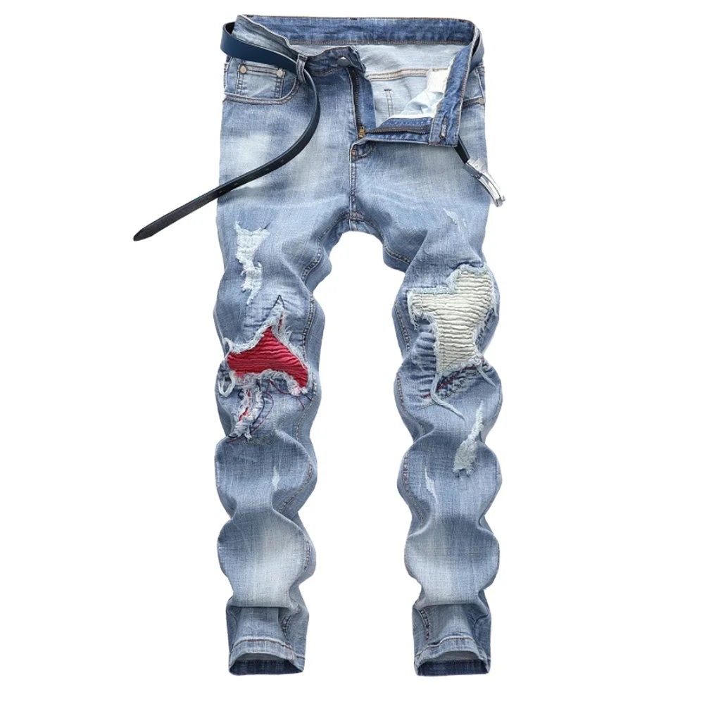 Men Stretch Light Blue Denim Fashion Patch Jeans Damaged Jeans For Men, Customized color
Men Stretch Light Blue Denim Fashion Patch Jeans Damaged Jeans For Men, Customized color