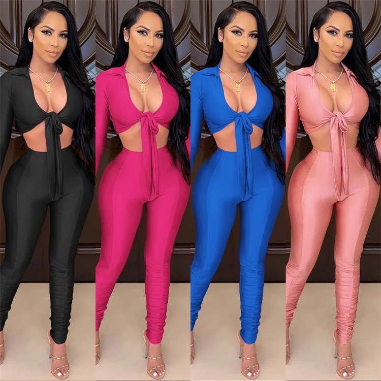 2021 Sexy bandage long sleeve high waist long pants solid color custom logo two piece pants set
2021 Sexy bandage long sleeve high waist long pants solid color custom logo two piece pants set
