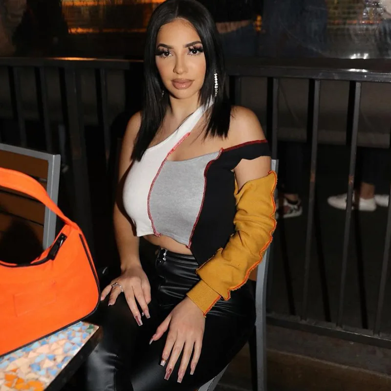 Free Shipping C12471 - women sexy one shoulder patchwork solid club wear crop top
Free Shipping C12471 - women sexy one shoulder patchwork solid club wear crop top