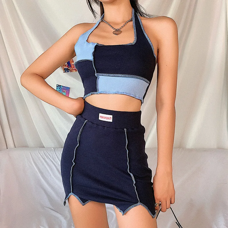 Fashion Patchwork Sleeveless Halter Skinny 2 Two Piece Short Set Wrap Skirt Women Sexy Backless Crop Top And Mini Skrits B1398
Fashion Patchwork Sleeveless Halter Skinny 2 Two Piece Short Set Wrap Skirt Women Sexy Backless Crop Top And Mini Skrits B1398