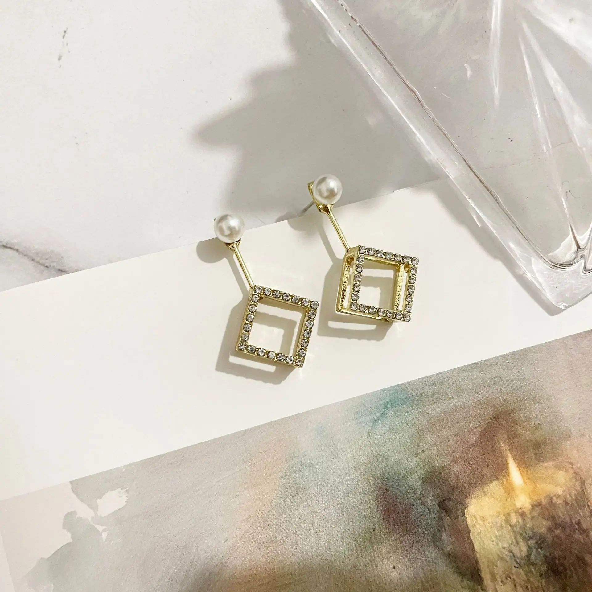 New trendy fashion simple jewelry retro temperament square hollow diamond pearl earrings for women, As pictures
New trendy fashion simple jewelry retro temperament square hollow diamond pearl earrings for women, As pictures