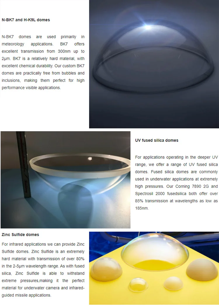 30mm-400mm  PC  Optical glass Bk7 K9 hemisphere dome lens quartz sapphire fused silica glass dome lens