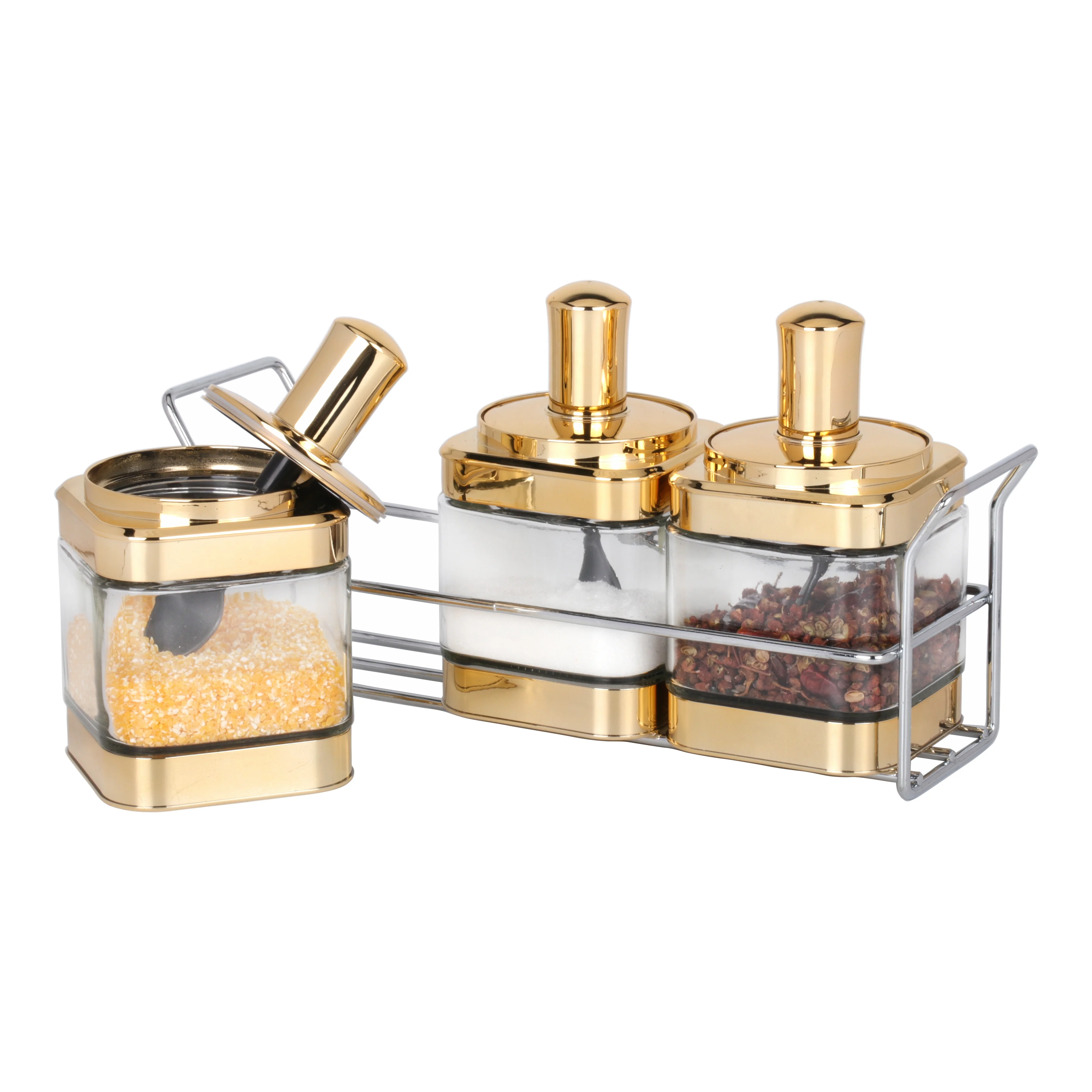 Kitchen 3pcs Glass Spice Storage Gold Jar Container Sets 320ml With Stainless Steel Rack
Kitchen 3pcs Glass Spice Storage Gold Jar Container Sets 320ml With Stainless Steel Rack