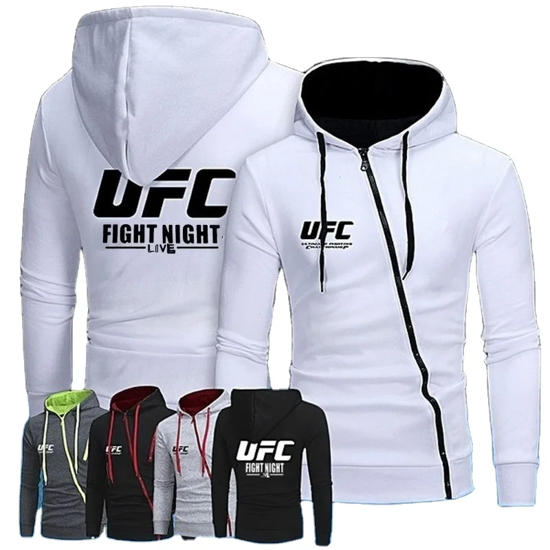Spring and autumn new men's printed UFC long sleeve hooded casual sports diagonal zipper sweater coat
Spring and autumn new men's printed UFC long sleeve hooded casual sports diagonal zipper sweater coat