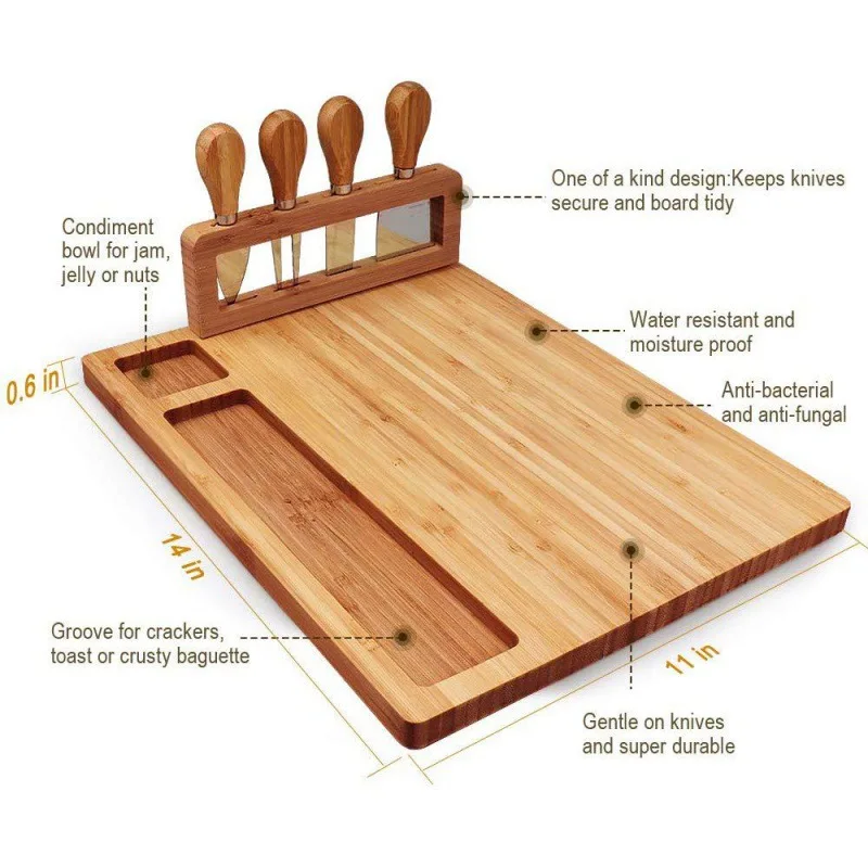 Wholesale Natural Bamboo Wood Cheese Cutting Board Set with Stainless Steel Cheese Knife Set for Kitchen
Wholesale Natural Bamboo Wood Cheese Cutting Board Set with Stainless Steel Cheese Knife Set for Kitchen