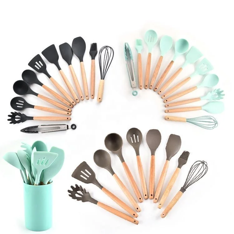 

Low MOQ Non Toxic Turner Tongs Spatula Spoon Wooden Handles Silicone Cooking Kitchen Utensils Set with Holder