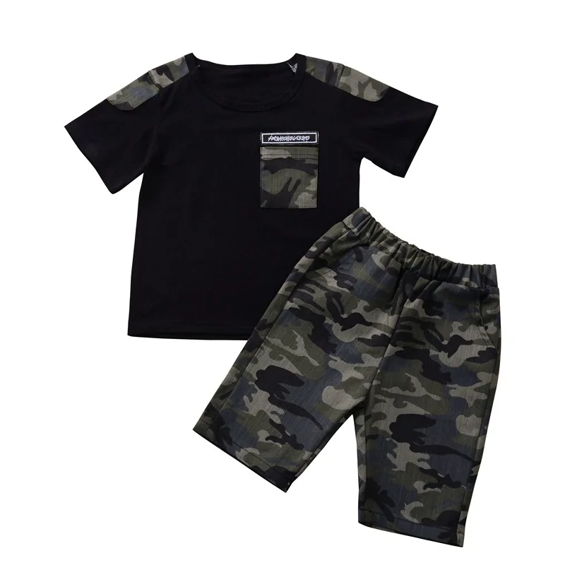 

Wholesale summer camo patchwork short sleeve top capris pant children clothes for boy, As picture show