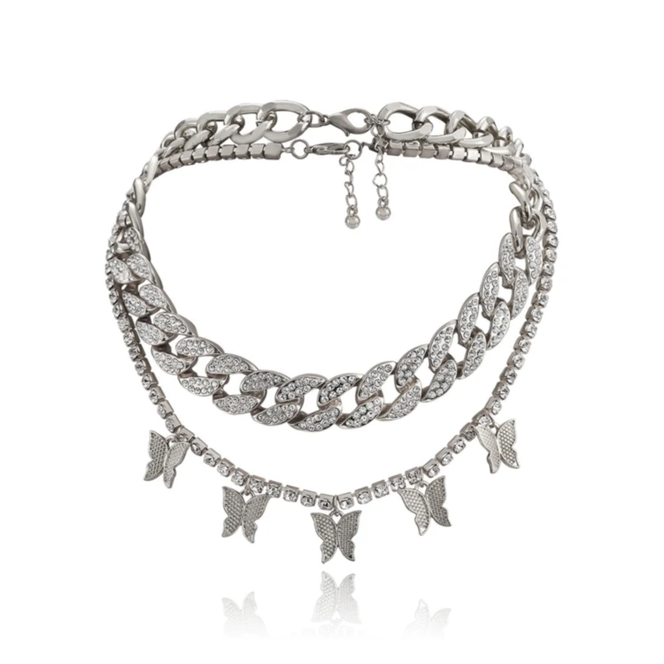 New Style Gold Choker Rhinestone Butterfly Cuban Double Chain Necklaces for Women
New Style Gold Choker Rhinestone Butterfly Cuban Double Chain Necklaces for Women