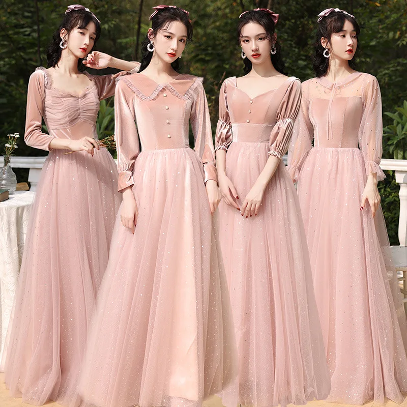 Spring Summer Prom Party Gown Marriage Sister Dress Long Elegant Pink Girls Bridesmaid Dresses