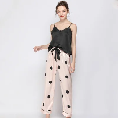 Lace Cami Top and Polka Dot Drawstring Long Pants Satin Nightwears Women Lounge Wears Set, Pink, navy, black, orcustomized color
Lace Cami Top and Polka Dot Drawstring Long Pants Satin Nightwears Women Lounge Wears Set, Pink, navy, black, orcustomized color