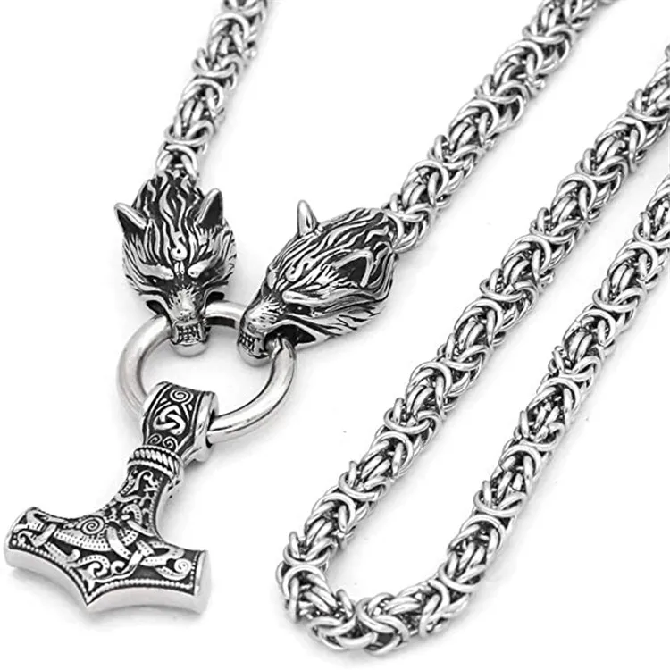 Stainless Steel Wolf Head Norse Viking Amulet Thor Mjolnir Necklace King Chain with Valknut, Picture shows
Stainless Steel Wolf Head Norse Viking Amulet Thor Mjolnir Necklace King Chain with Valknut, Picture shows