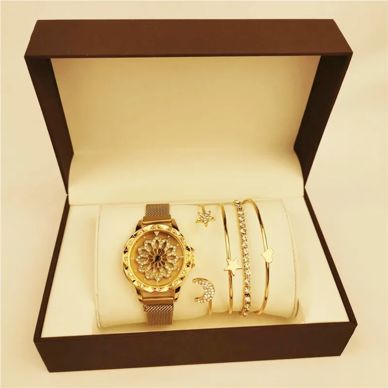 Women Magnet Buckle Lucky Rotation Flower Watch Luxury Ladies Rhinestone Quartz Watch Bracelet Set Relogio Feminino
Women Magnet Buckle Lucky Rotation Flower Watch Luxury Ladies Rhinestone Quartz Watch Bracelet Set Relogio Feminino