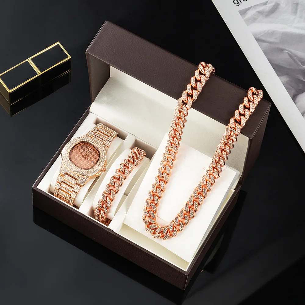 Cuban Chain Necklace Full Diamond Wrist Watches 3 Pcs Set luxurious Jewelry Bracelet Watches Gift Set For Box
Cuban Chain Necklace Full Diamond Wrist Watches 3 Pcs Set luxurious Jewelry Bracelet Watches Gift Set For Box