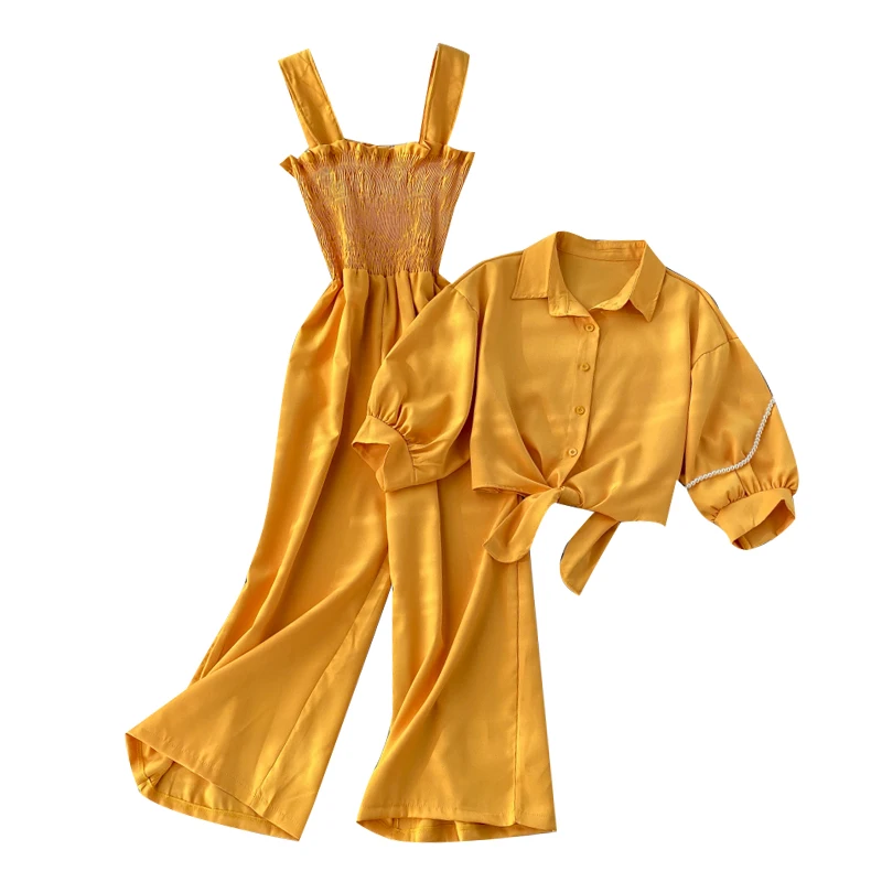 Spring Autumn New Female Holiday Style Two-piece Suit Stand-up collar short sleeve cardigan + Sling pleated wide-leg jumpsuit
Spring Autumn New Female Holiday Style Two-piece Suit Stand-up collar short sleeve cardigan + Sling pleated wide-leg jumpsuit