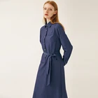 button down mid-calf women long shirt dress with sashes