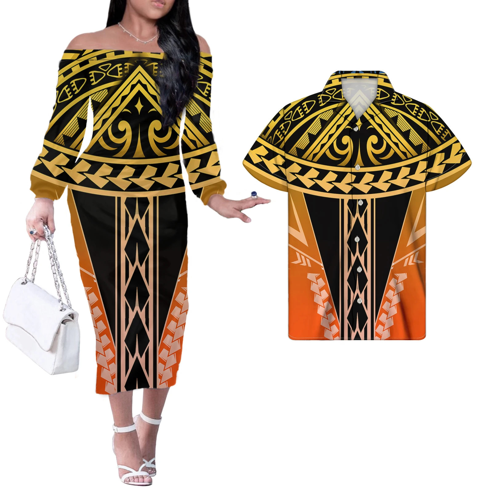 2021 Couple Outfit Sets Women Career Dresses And Men's Shirt Print Yellow Polynesian Tribal Print Autumn Custom Women Dress, Customized color
2021 Couple Outfit Sets Women Career Dresses And Men's Shirt Print Yellow Polynesian Tribal Print Autumn Custom Women Dress, Customized color