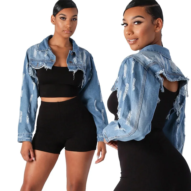 Street style Short shirt long sleeve loose rivets holes light blue high waist washed denim jacket
Street style Short shirt long sleeve loose rivets holes light blue high waist washed denim jacket