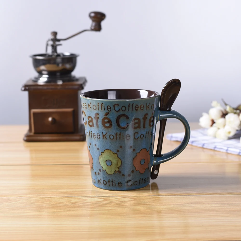 13 oz customized ceramic hand made coffee mugs with spoon and
