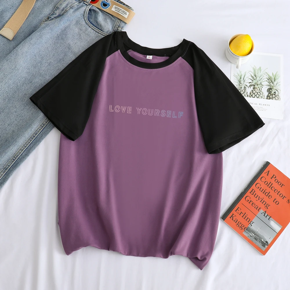 

Women Kpop LOVE YOURSELF T Shirt Casual Summer Korean BTS Bangtan Boys Letter Print Hit Color Spliced Tee Shirt Femme Streetwear