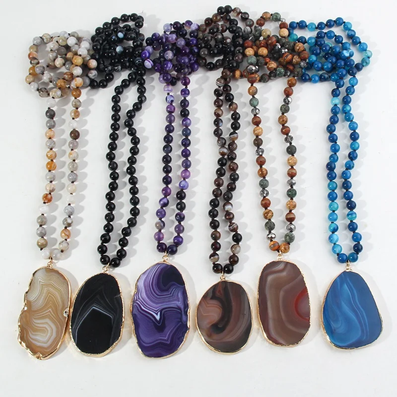 New design Jewelry Knotted Marine Stone Bamboo agate Striped Agate Stone Necklace Agate Slices Stone Pendant Necklace
New design Jewelry Knotted Marine Stone Bamboo agate Striped Agate Stone Necklace Agate Slices Stone Pendant Necklace