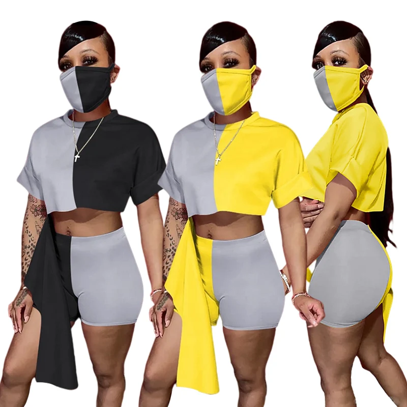 Fashion Women Clothed Patchwork Color Block Short Sleeve 2 Two Piece Summer Outfits Sets with facemask
Fashion Women Clothed Patchwork Color Block Short Sleeve 2 Two Piece Summer Outfits Sets with facemask