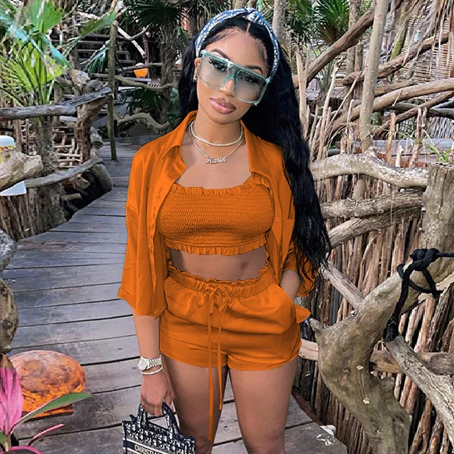 Fashion Solid Women Summer Three Pieces Outfits Comfortable Agaric Lace Pleated Copped Top Drawstring Shorts With Cover Up -SM, 5 colors
Fashion Solid Women Summer Three Pieces Outfits Comfortable Agaric Lace Pleated Copped Top Drawstring Shorts With Cover Up -SM, 5 colors