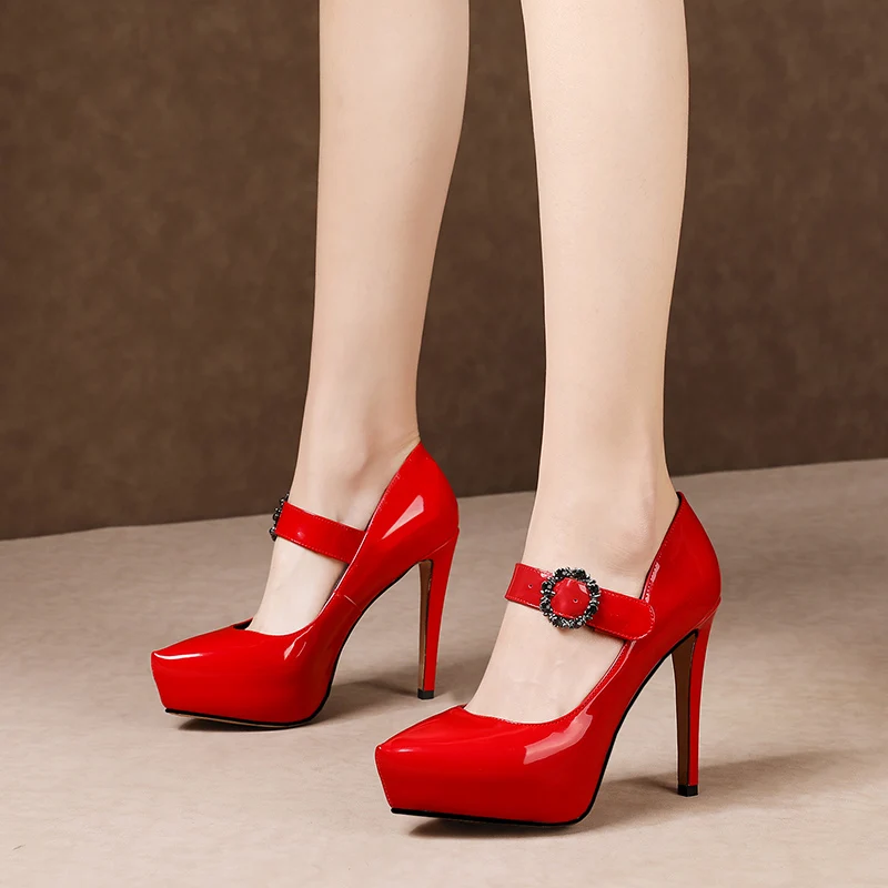 Glossy Patent Leather Metal Buckles Elegant Lady Red Thin Heels, Black,white,red 
Glossy Patent Leather Metal Buckles Elegant Lady Red Thin Heels, Black,white,red