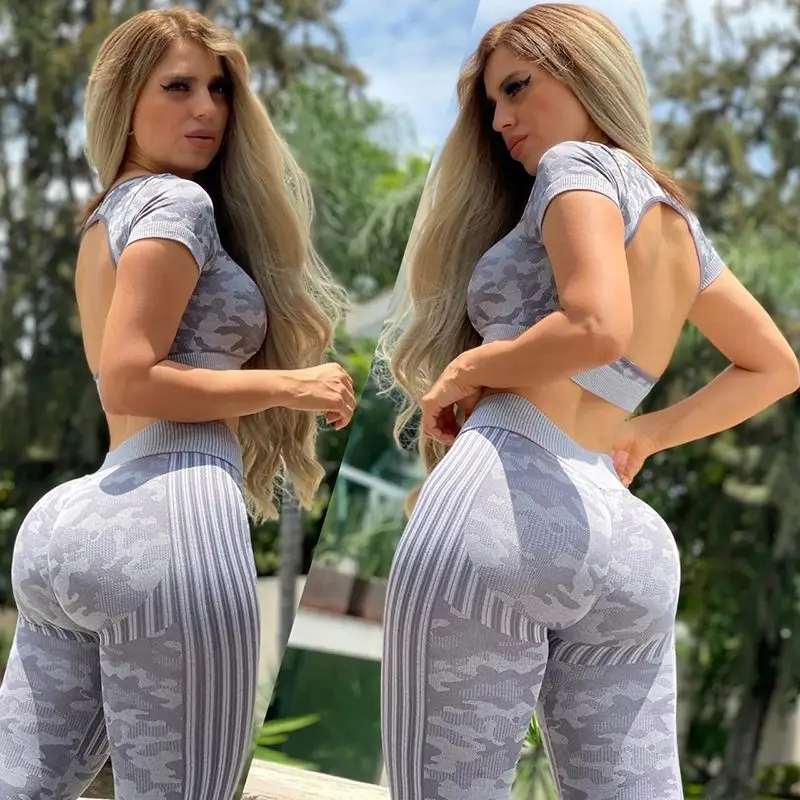 Fashion sexy women backless fitness pants camouflage print short sleeve tight pants set seamless yoga fitness set
Fashion sexy women backless fitness pants camouflage print short sleeve tight pants set seamless yoga fitness set