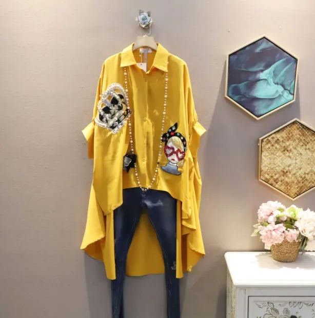 

New Korean Summer Trendy Lapel Sequin Patched Half Sleeve Asymmetrical Shirt Plus Size Top Femme Solid Color Long Blouses