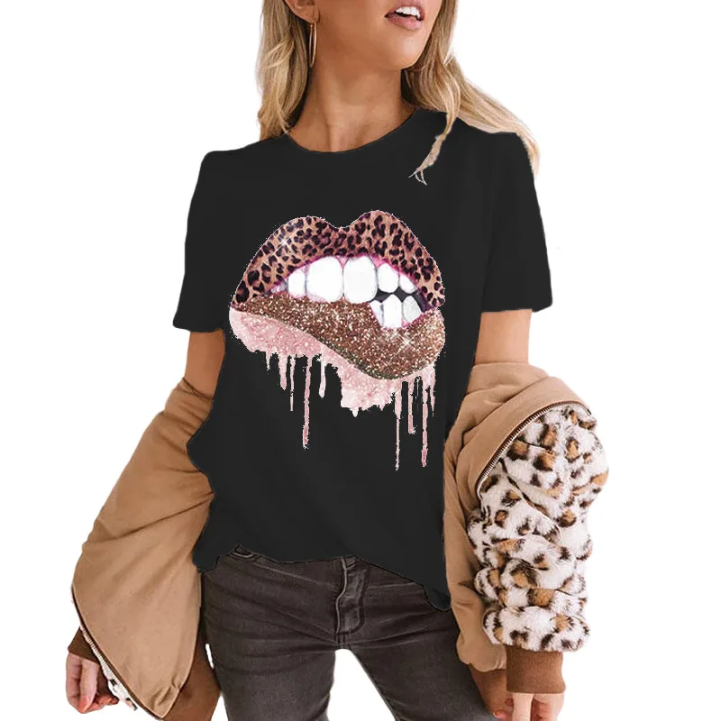European and American women's jacket leopard print lip hot drill round collar short sleeve T-shirt, Picture
European and American women's jacket leopard print lip hot drill round collar short sleeve T-shirt, Picture