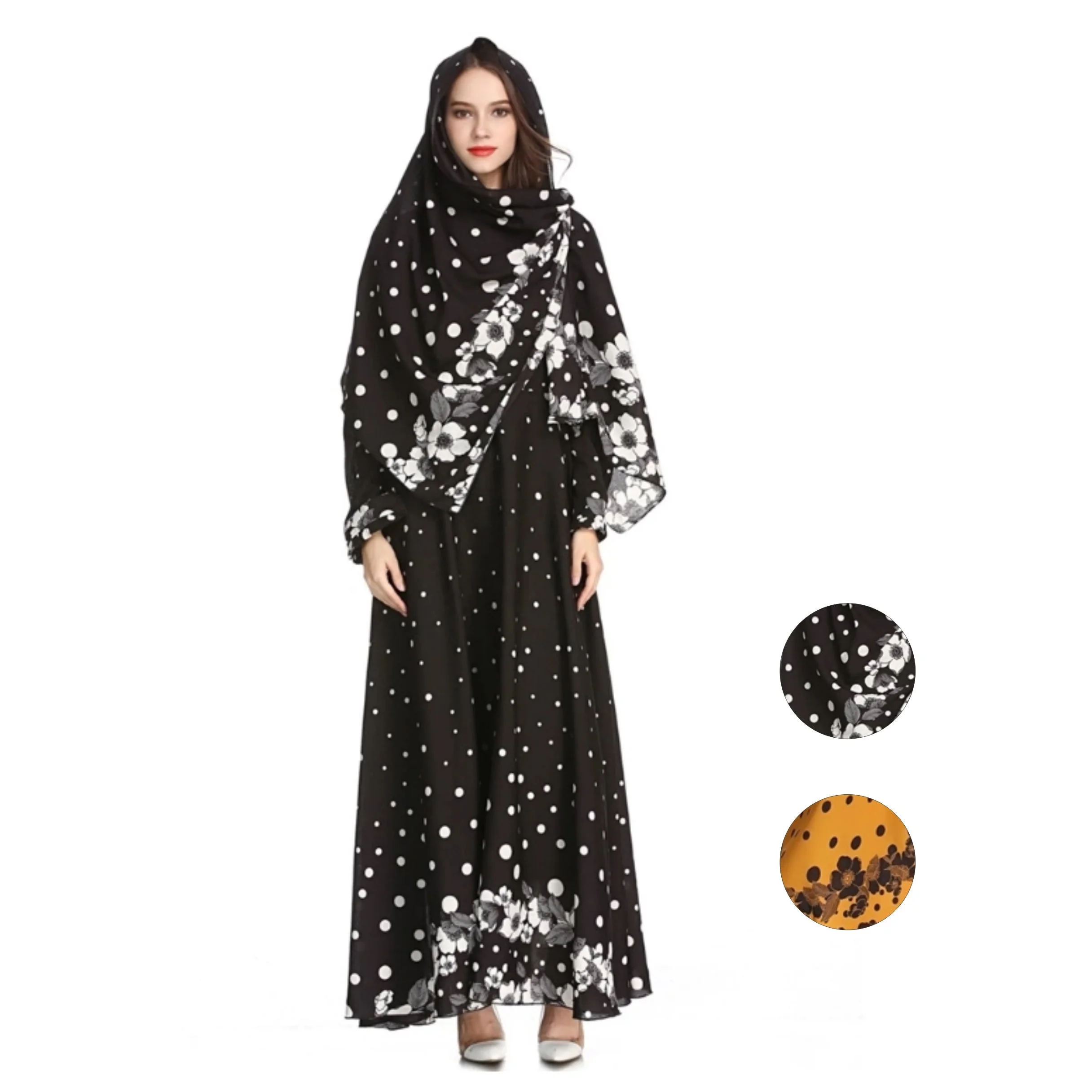Long Sleeve Women Casual dress with scarf Floral Print Muslim Maxi Dress, Black/yellow
Long Sleeve Women Casual dress with scarf Floral Print Muslim Maxi Dress, Black/yellow