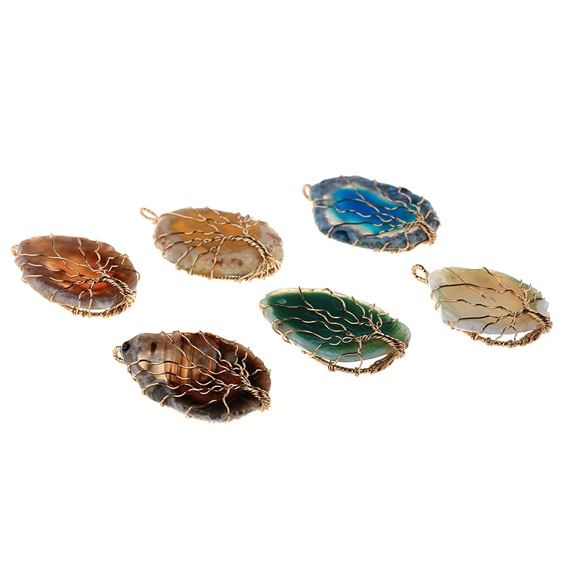 wholesale high quality multi-color gemstone pendant healing crystal tree copper wire wrapped agate slices stone pendant, 100% natural color
wholesale high quality multi-color gemstone pendant healing crystal tree copper wire wrapped agate slices stone pendant, 100% natural color