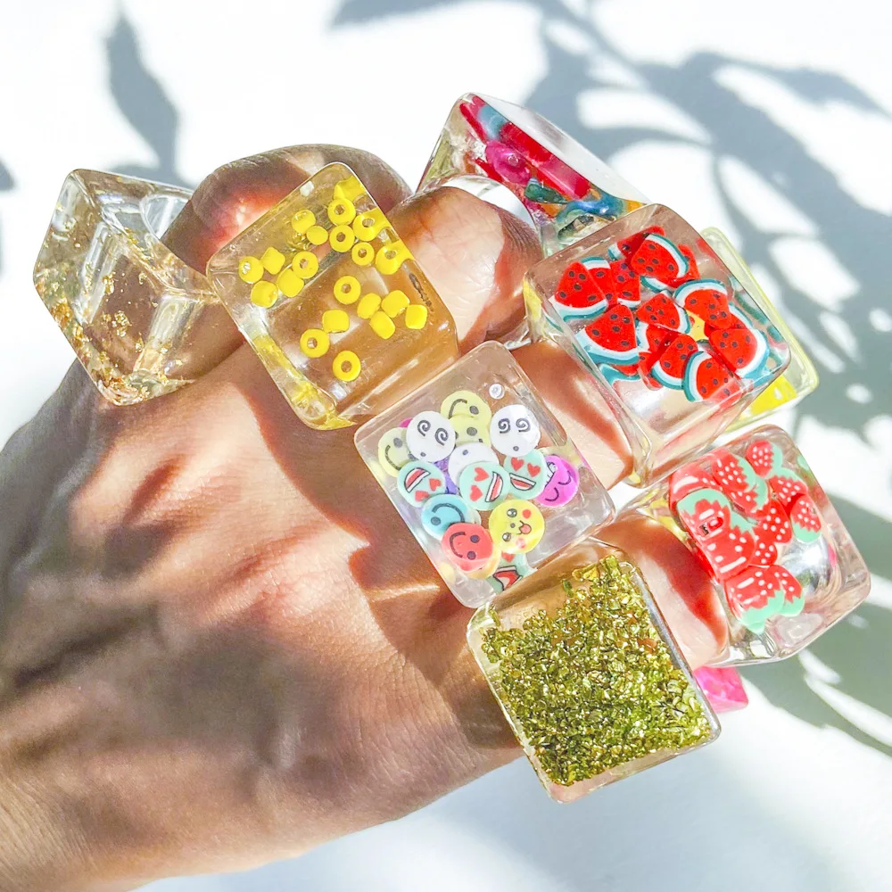 Hesiod Fashion Clear Big Square Resin Ring Finger Watermelon Rice Beads Fruit Ring Jewelry For Women, Picture shows
Hesiod Fashion Clear Big Square Resin Ring Finger Watermelon Rice Beads Fruit Ring Jewelry For Women, Picture shows