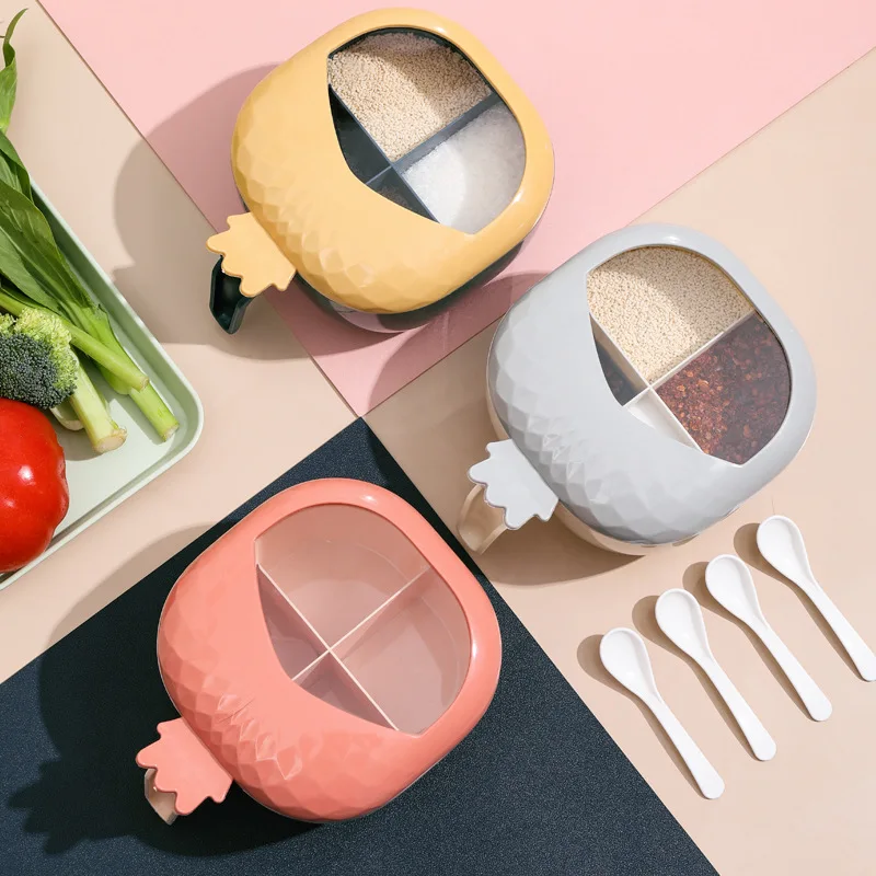 2021 New Seasoning Box with Spoon Kitchen Tools 4 Compartments Pineapple Lid Condiment Storage Container Household Seasoning Can, Blue,pink,beige
2021 New Seasoning Box with Spoon Kitchen Tools 4 Compartments Pineapple Lid Condiment Storage Container Household Seasoning Can, Blue,pink,beige
