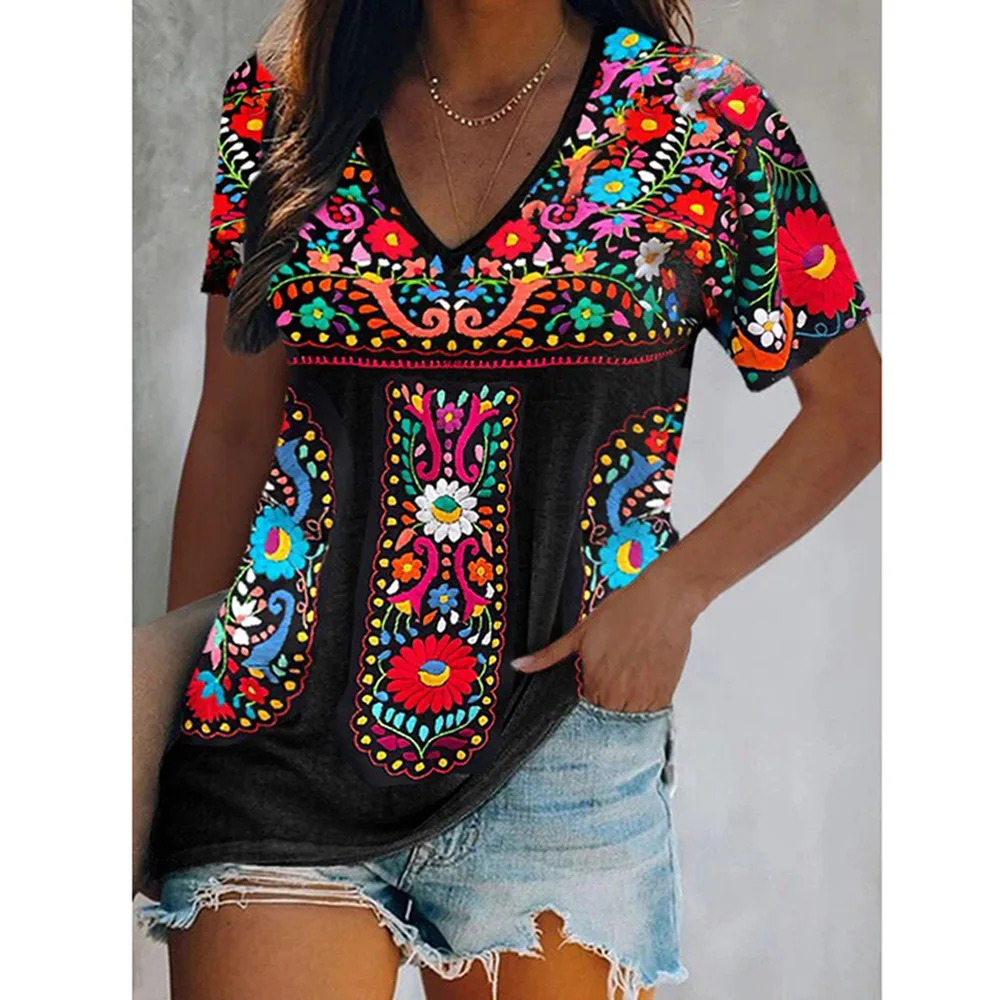 Wholesale Bohemian Short Sleeve Blouses Shirt Ladies Flower Printed T-shirt Women Boho Style V Neck Blouse
Wholesale Bohemian Short Sleeve Blouses Shirt Ladies Flower Printed T-shirt Women Boho Style V Neck Blouse