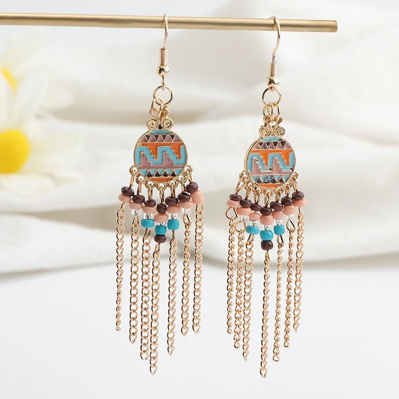 OUYE Retro long alloy drop earrings bohemian vacation lazy charming ethnic style rice beads tassel earrings women's jewelry, Golden/silver
OUYE Retro long alloy drop earrings bohemian vacation lazy charming ethnic style rice beads tassel earrings women's jewelry, Golden/silver