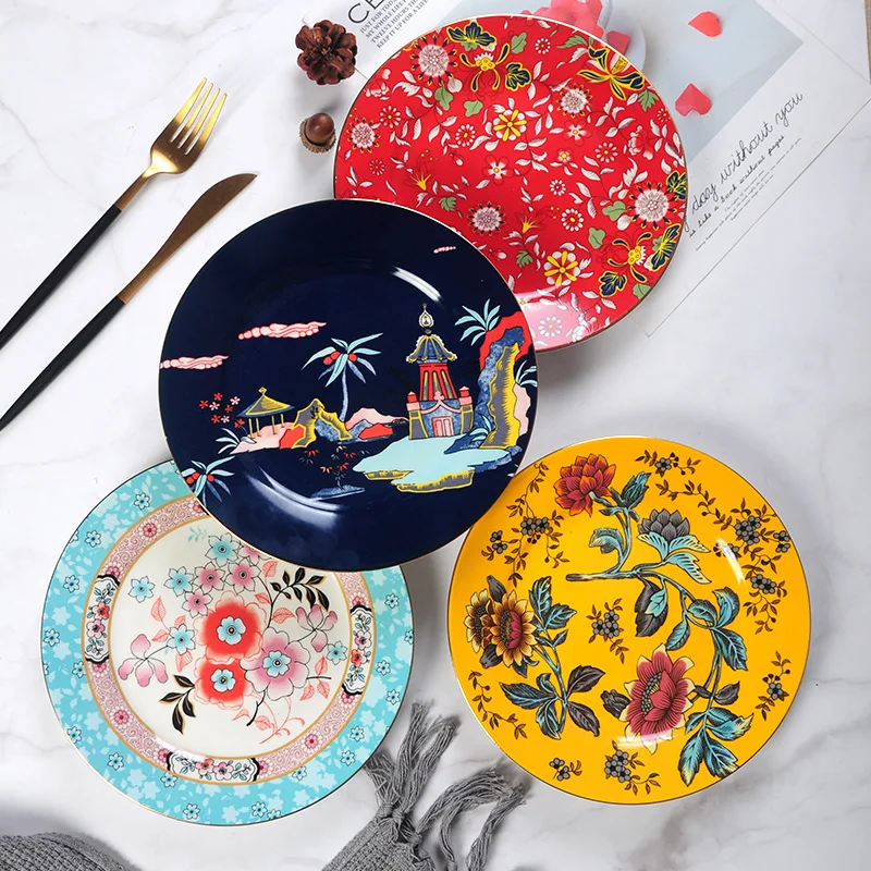 European-style gold-rimmed glaze glaze flower and plant pattern ceramic dinner plate, Yellow/red/blue
European-style gold-rimmed glaze glaze flower and plant pattern ceramic dinner plate, Yellow/red/blue