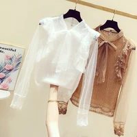 

Korean style fall new arrival casual fashionable bowknot decorated long sleeve slim lace bulk readymade ladies' blouses tops