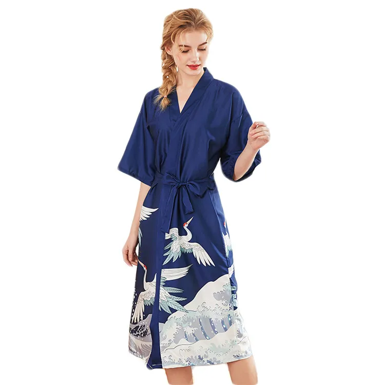 

Ready To Ship Silk Satin Robes Women Sleepwear Crane Spindrift Printed Ladies Silk Kimono Pajamas For Summer, 4 color in stock